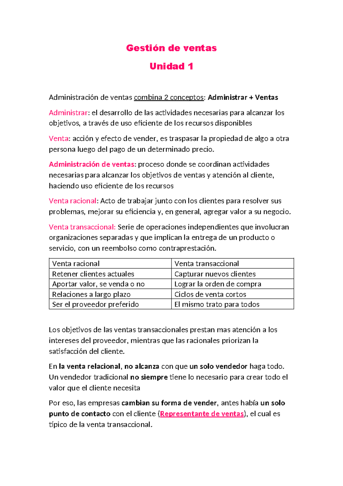 Gestión de Ventas: Unidad 1 - Conceptos Clave y Estrategias - Studocu