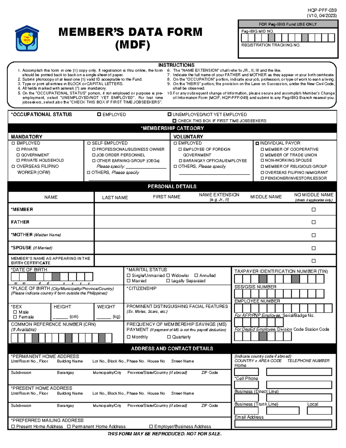 PFF039 Pag-IBIG Member's Data Form V10 Instructions and Details - Studocu