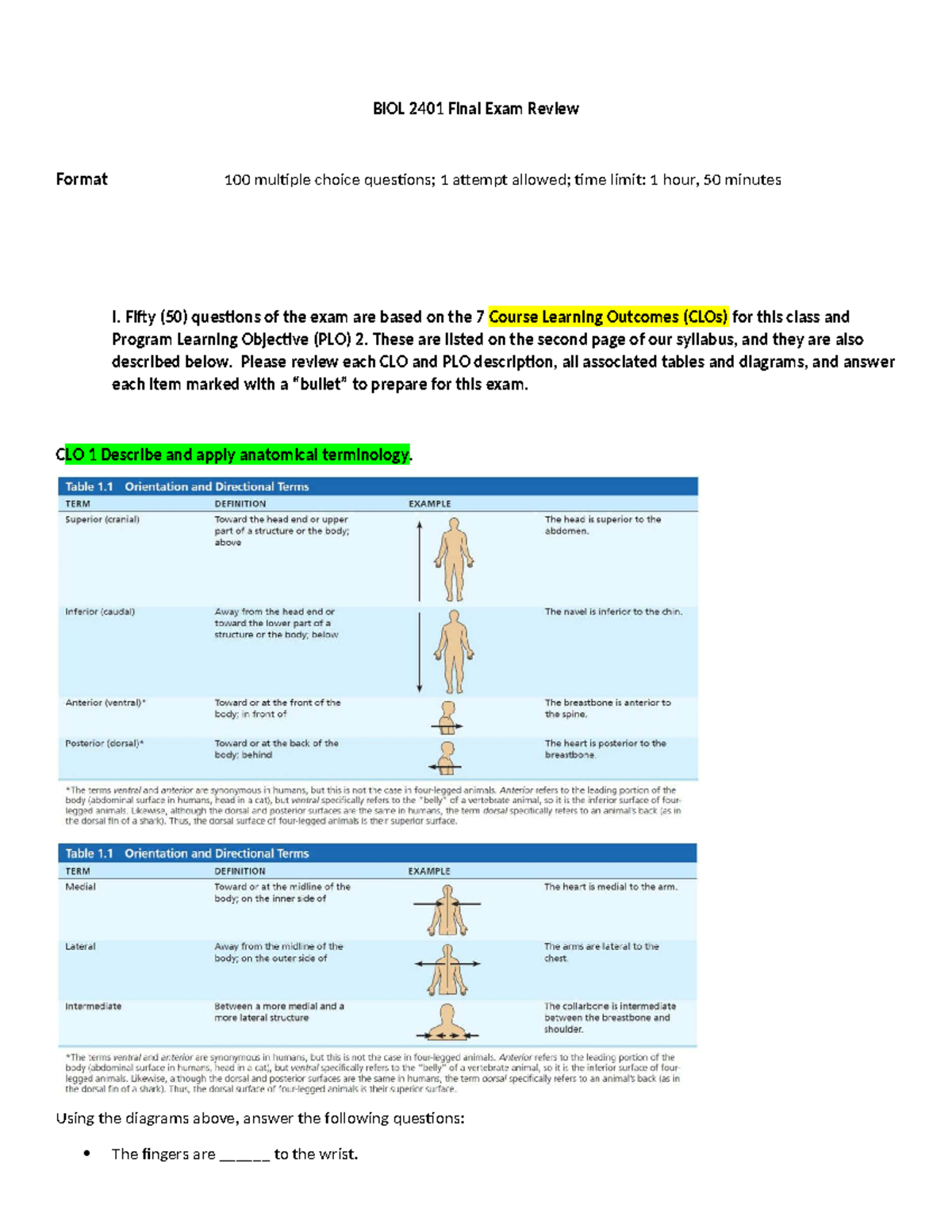 BIOL 2401 Final Exam Review: Key Concepts in Anatomy & Physiology ...