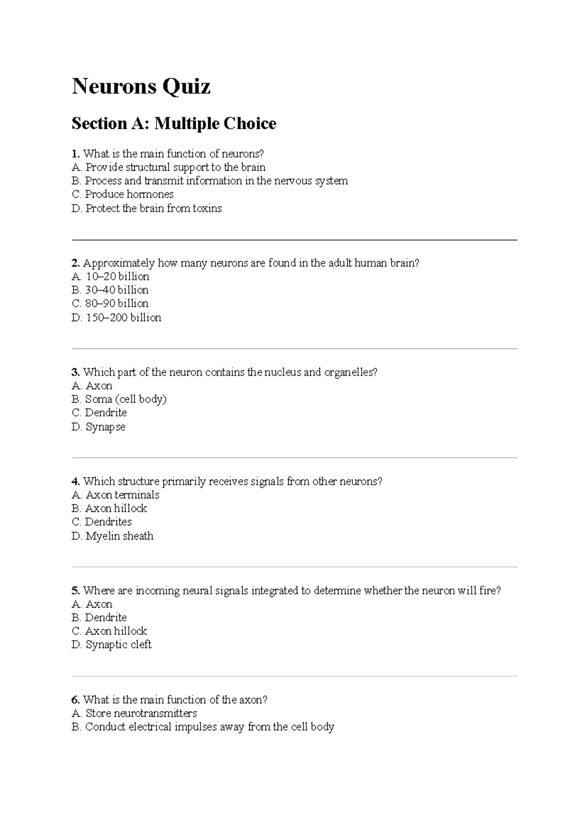 B&B Quiz - Neurons Section A & B Practice Questions - Studocu