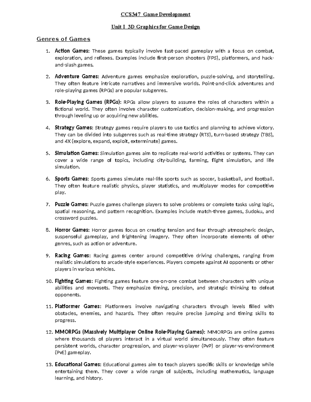 CCS347 GD - UNit 1 - unit 1 notes - CCS347 Game Development Unit I 3D ...