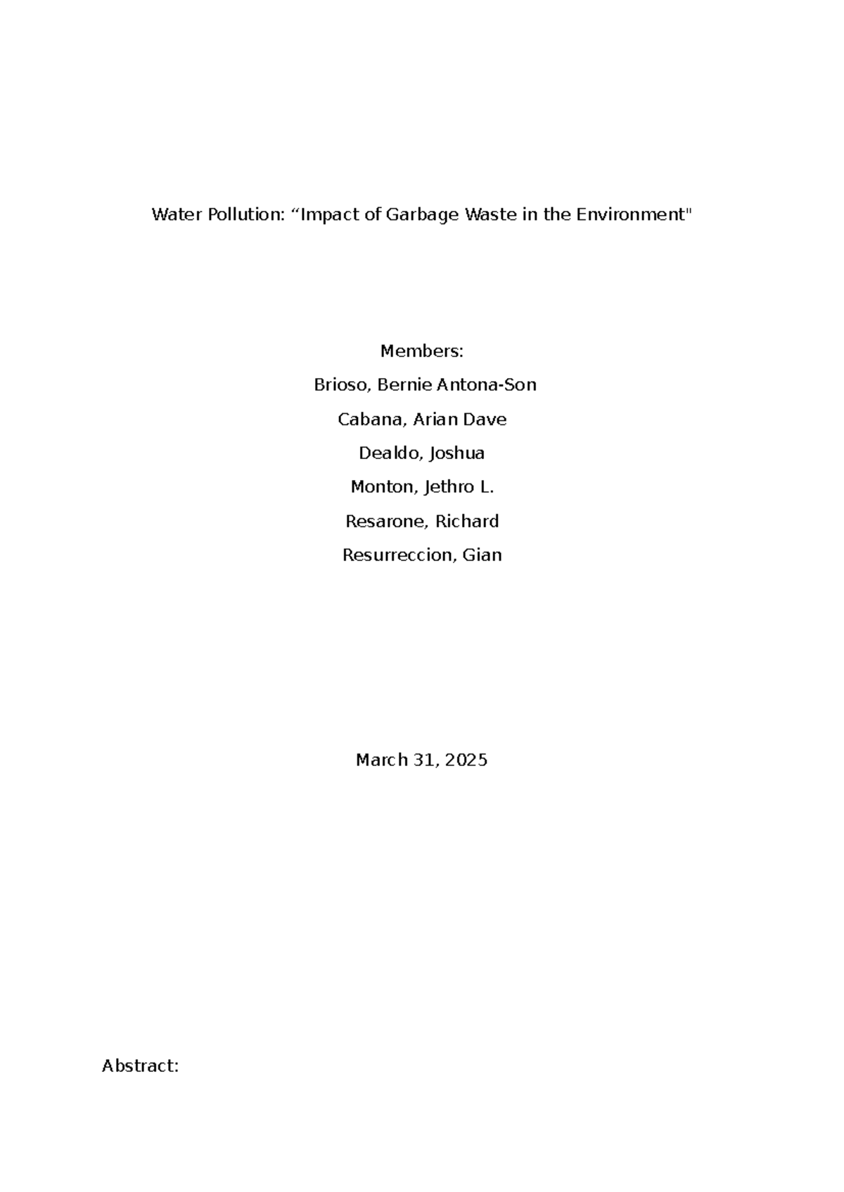 Water Pollution: The Impact of Garbage Waste (Group 7) - Studocu