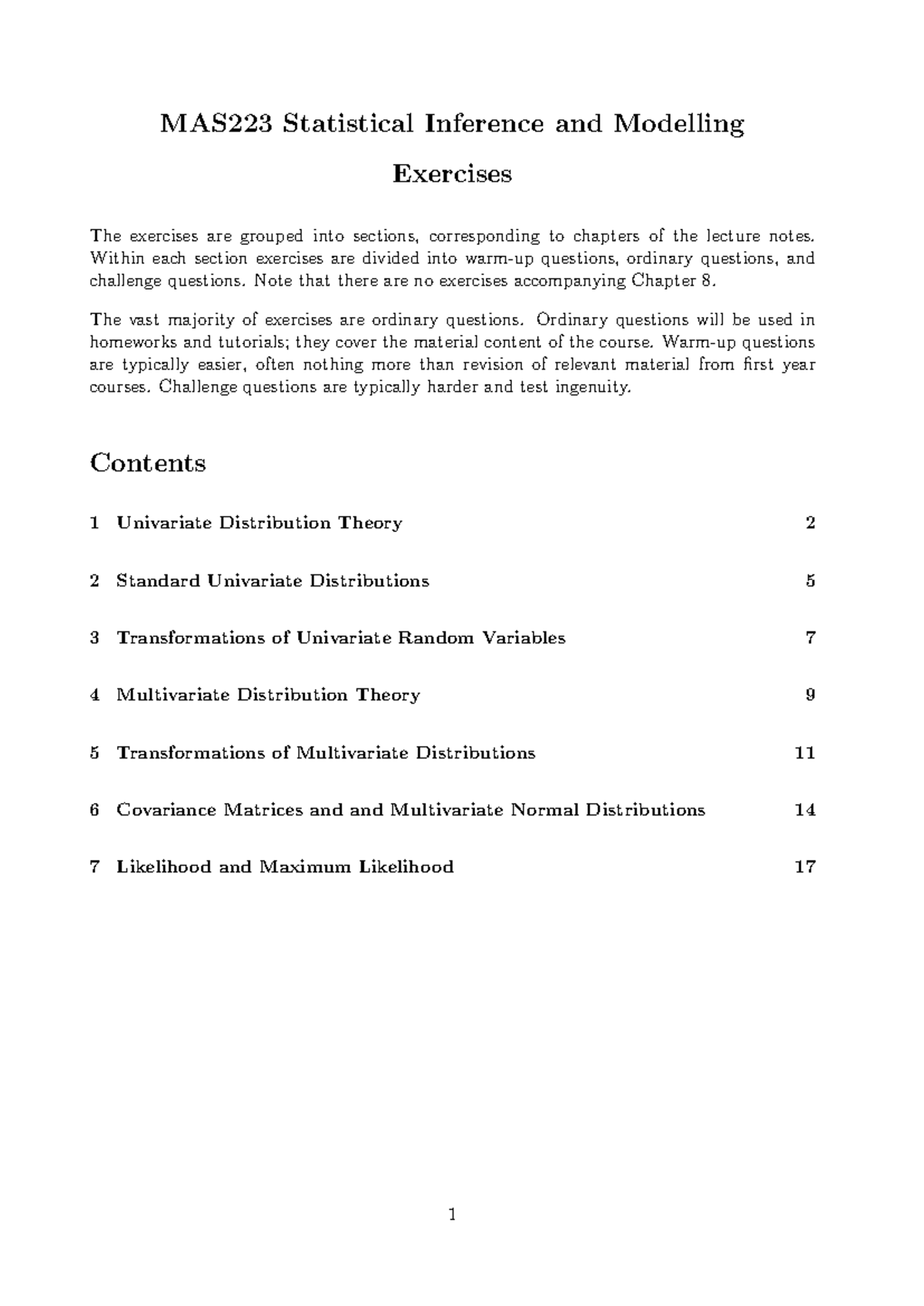 MAS223 Statistical Inference and Modelling Exercises Overview and ...
