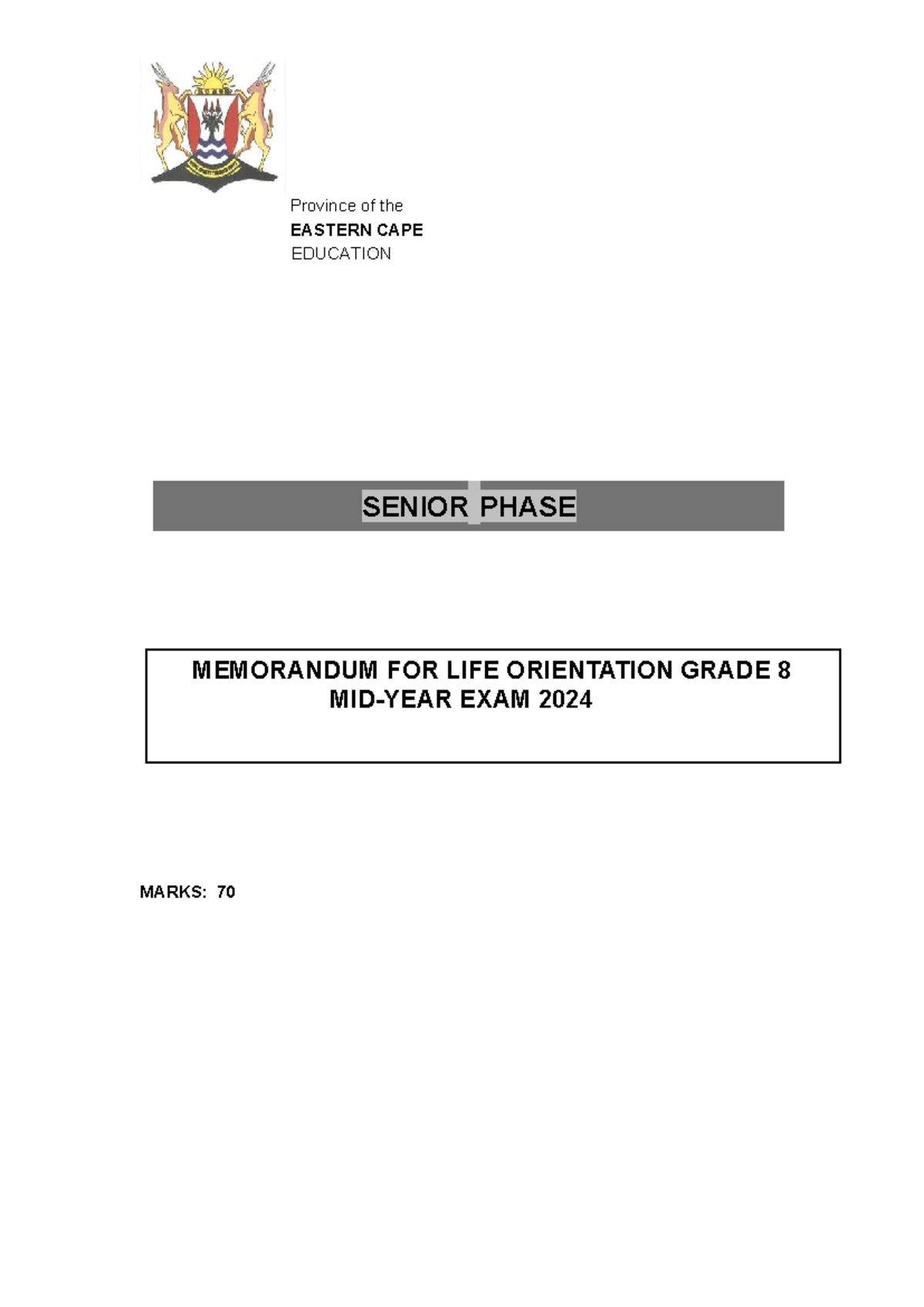 2024 LO Grade 8 June Exam Memorandum for Life Orientation - Studocu