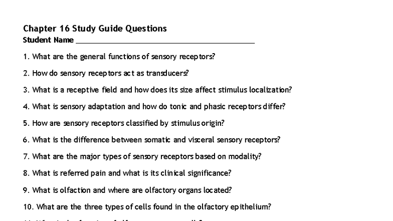 Chapter 16 Study Guide: Sensory Systems & Functions - Studocu