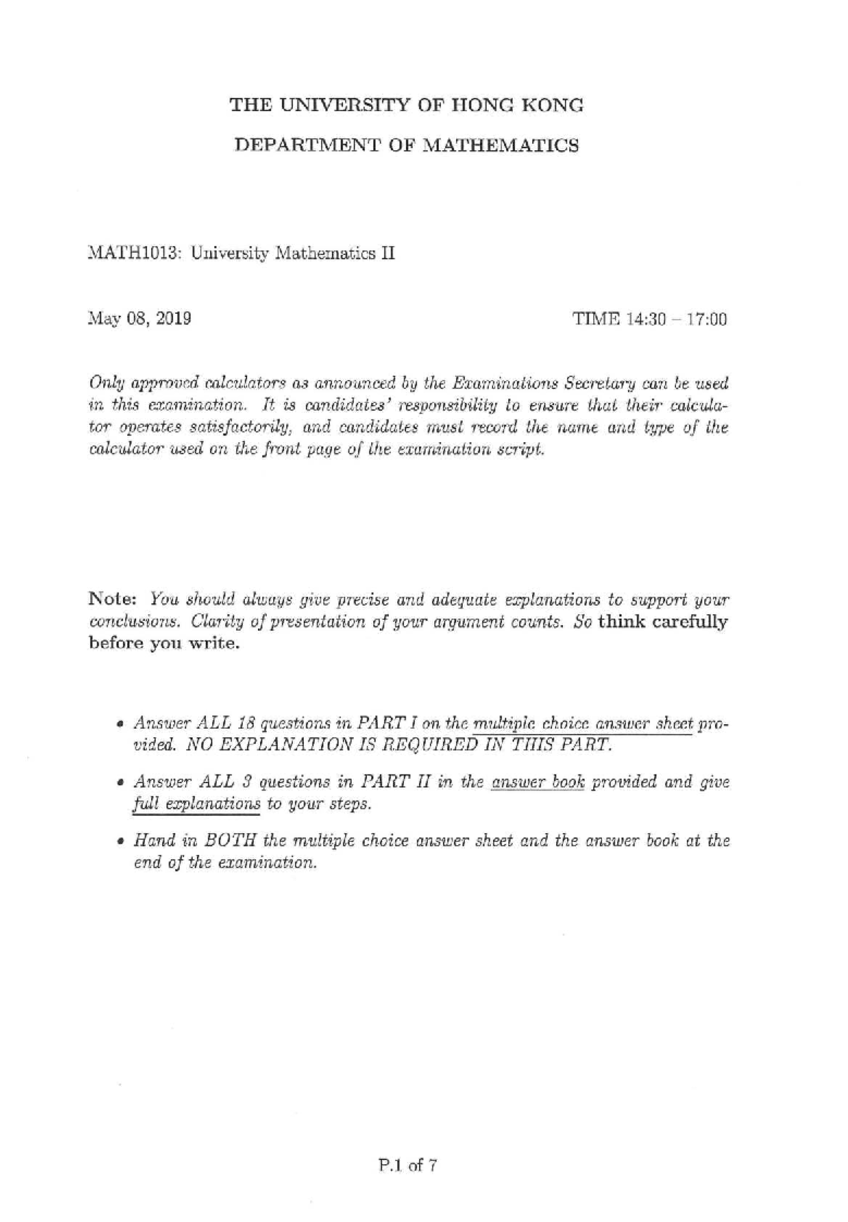 MATH1013: University Mathematics II Exam Paper - May 2019 - Studocu