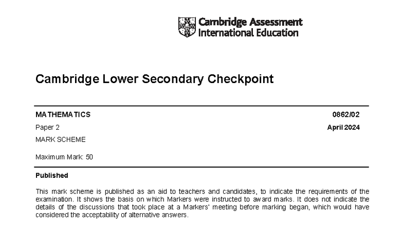 Cambridge Lower Secondary Checkpoint Mathematics Paper 2 Mark Scheme ...