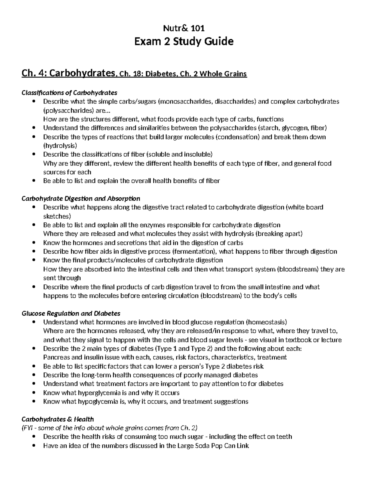 Nutr& 101 Exam 2 Study Guide: Proteins, Carbs, and Lipids - Studocu