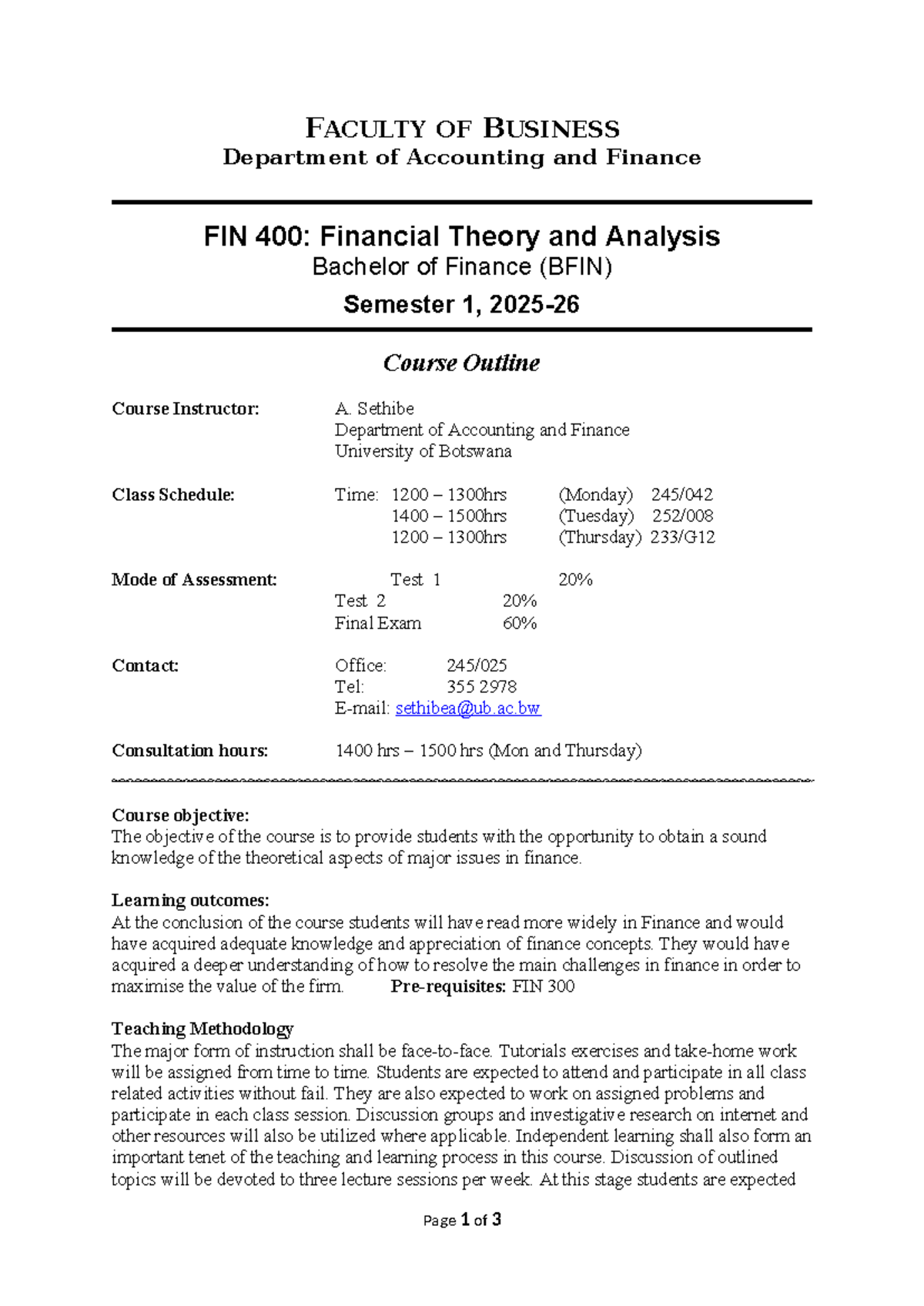 FIN 400: Financial Theory and Analysis Course Outline 2025-26 - Studocu