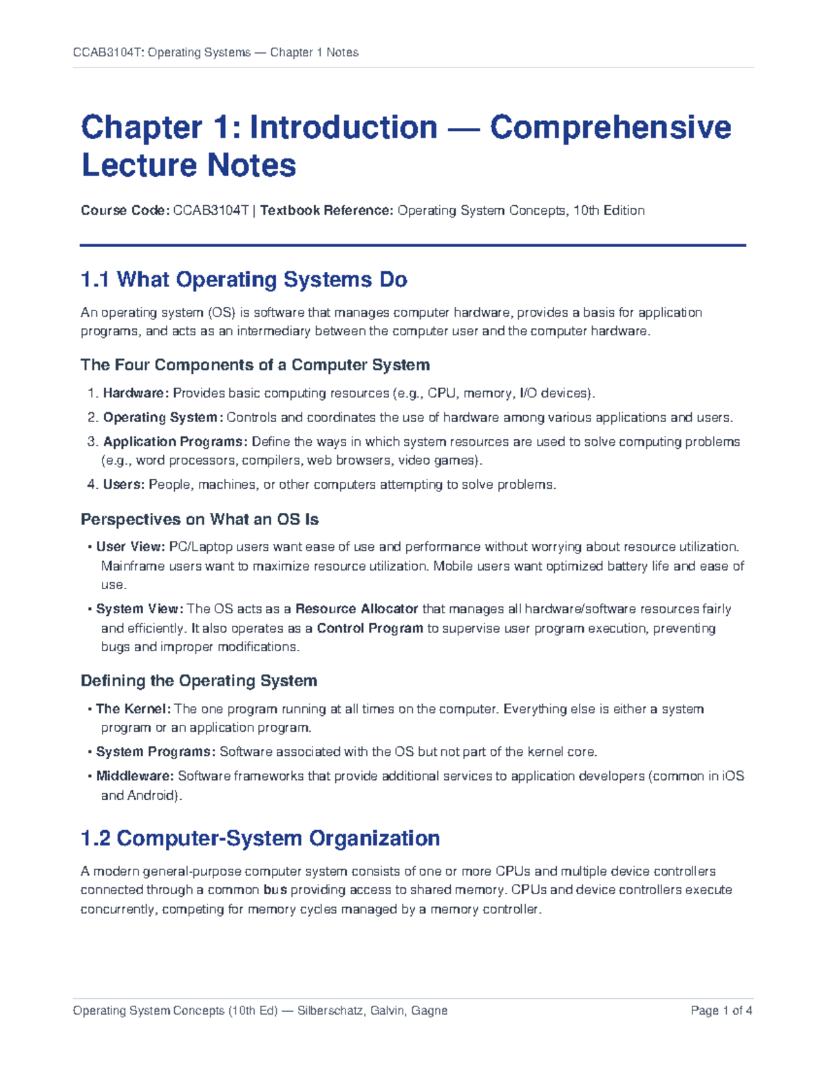 CCAB3104T: Operating Systems Chapter 1 Comprehensive Notes - Studocu