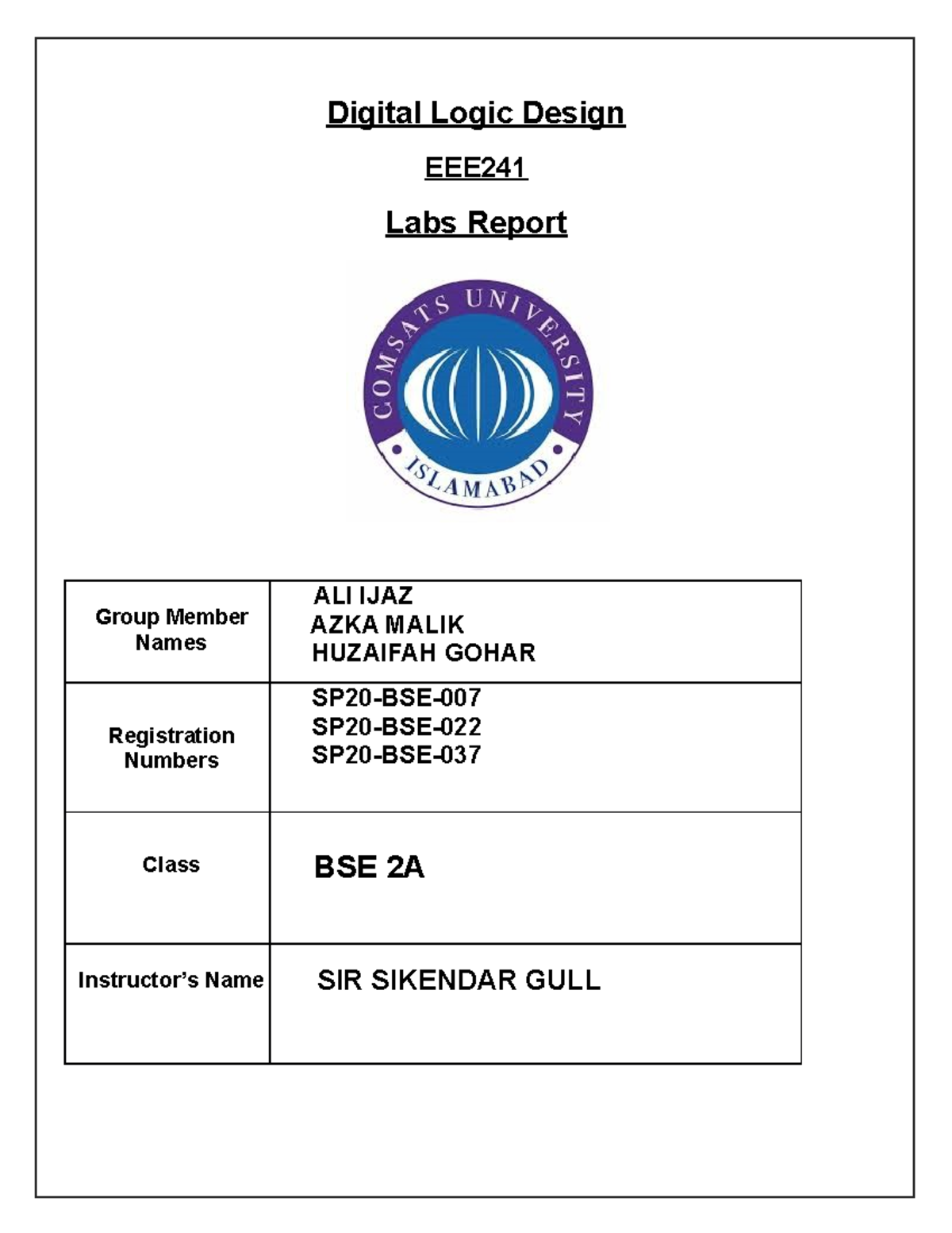 EEE BSE 2A Digital Logic Design Lab Manual Report - Studocu