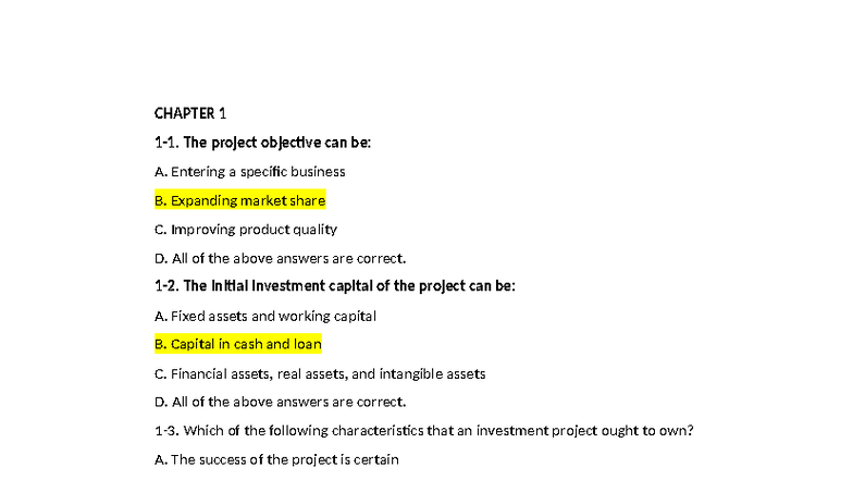 CHAPTER 1: Multiple Choice Questions on Project Objectives and ...