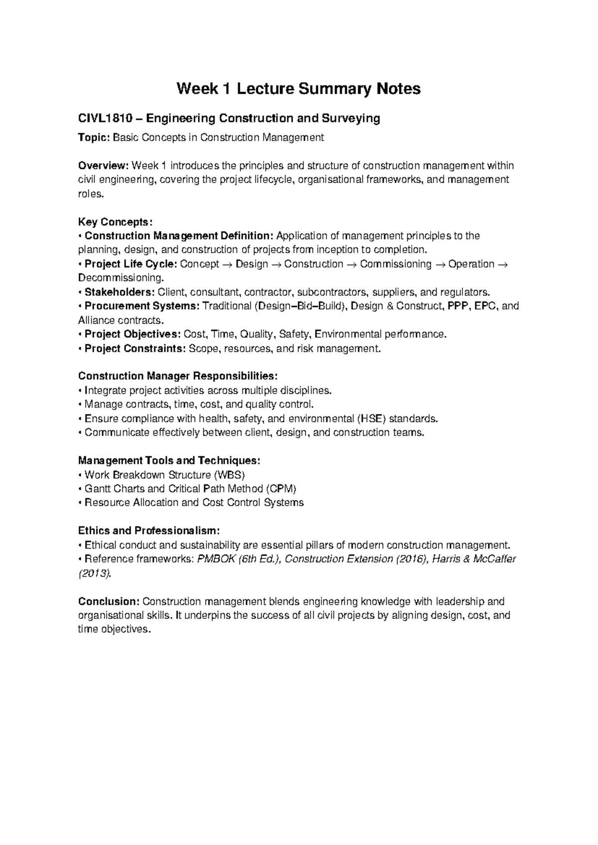 CIVL1810 Week 1 Lecture Summary: Intro to Construction Management - Studocu