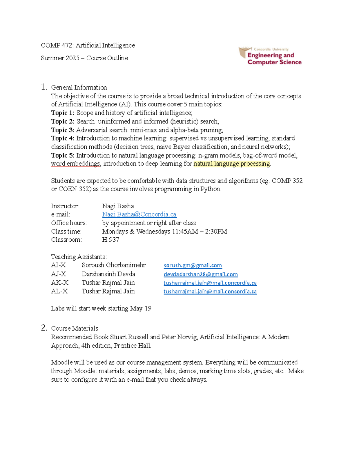 COMP 472: AI Summer 2025 Course Outline and Key Information - Studocu