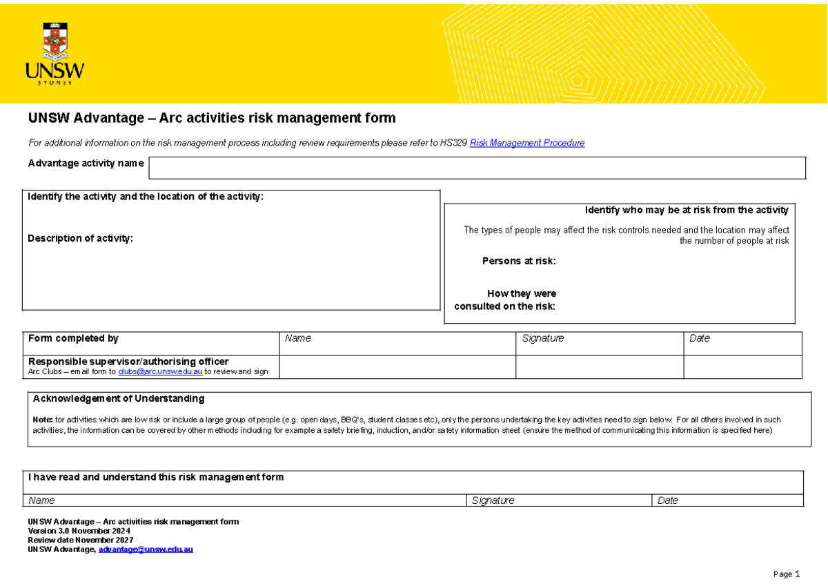 UNSW Advantage Risk Management Form Arc-1 - For additional information ...