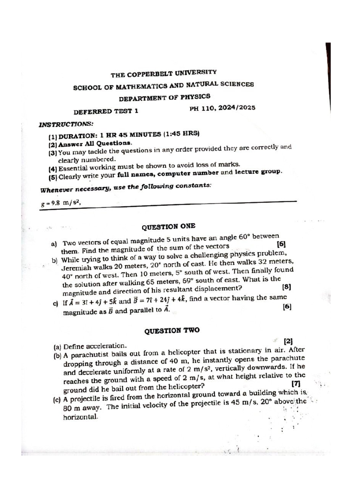 PH110 Deferred Test 1 2025 - Physics Practice Tutorial - Studocu