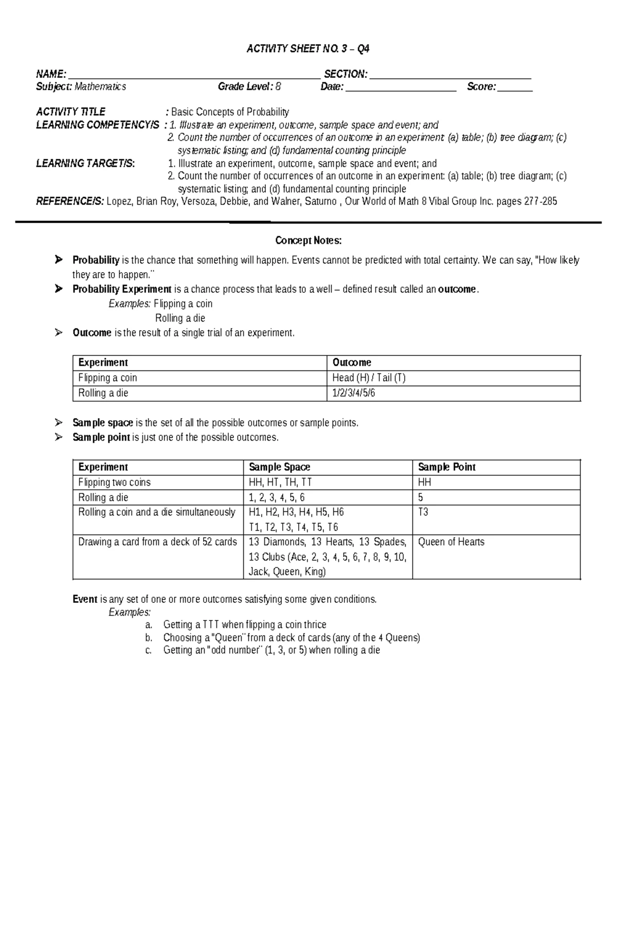 Statistics & Probability 11: Lesson Plan for Mean & Variance Analysis ...