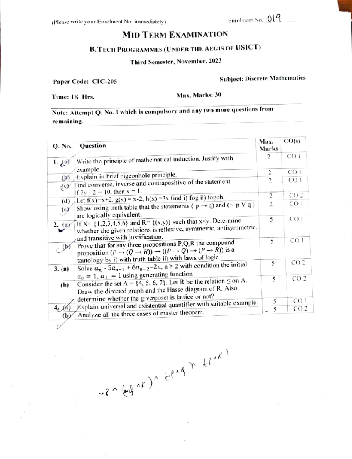 DM question papers - (Please write your Enrolment No. immediately ...