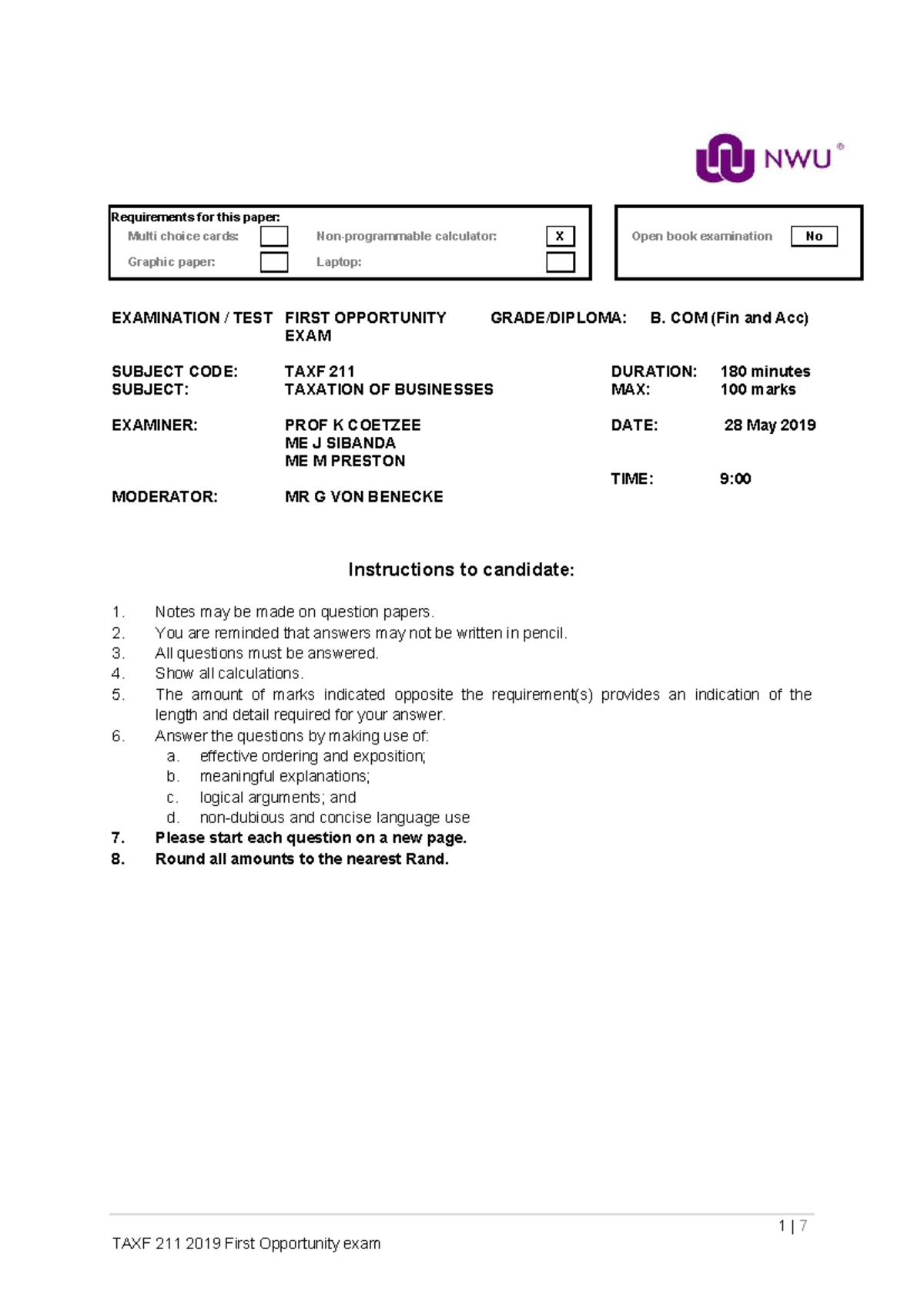 TAXF+211+2019 +1st+opp+exam+paper+ 3 - 1 | 7 Requirements for this ...