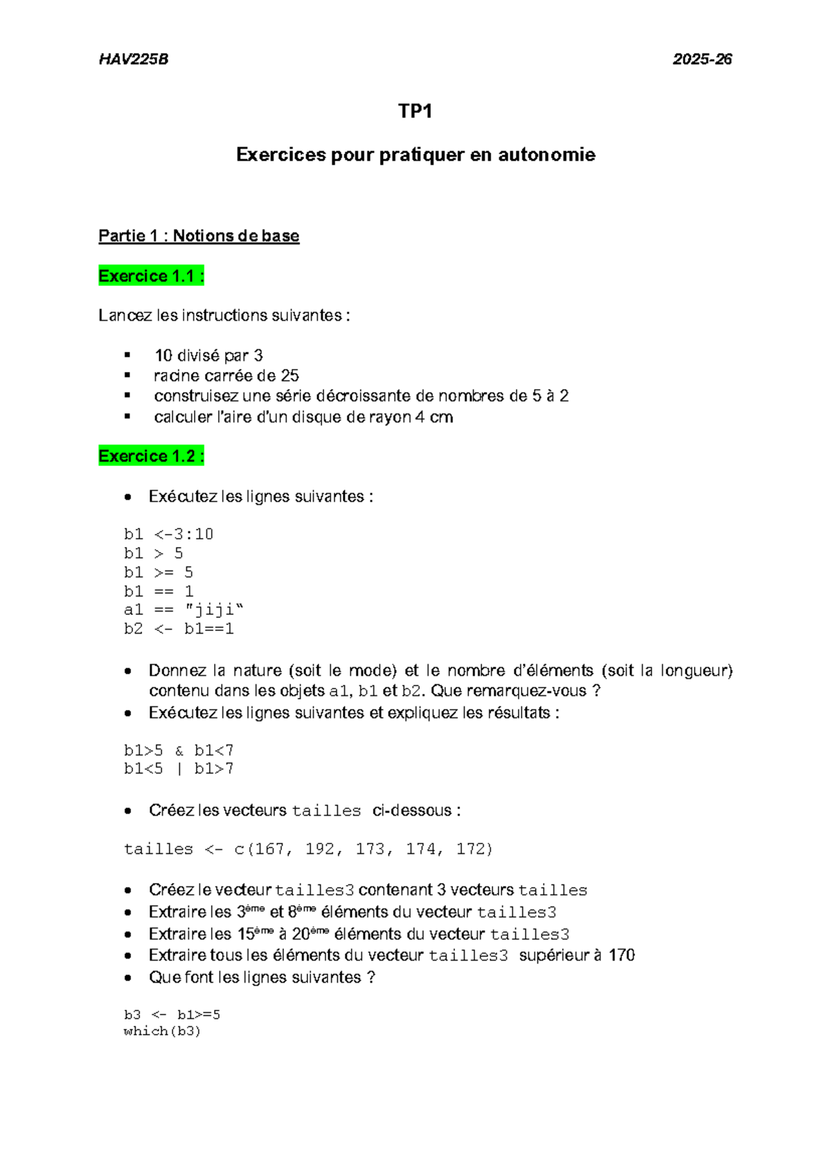 HAV225B TP1 Exercices d'Autonomie en Statistiques et R - Studocu