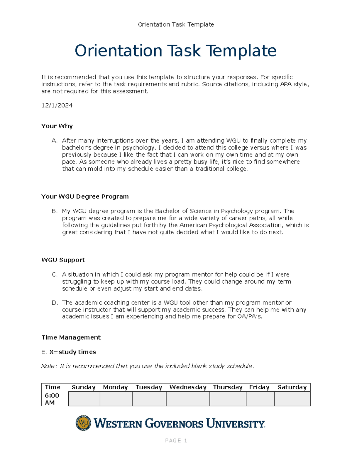 Orientation Task - bachelors of psychology - Orientation Task Template ...
