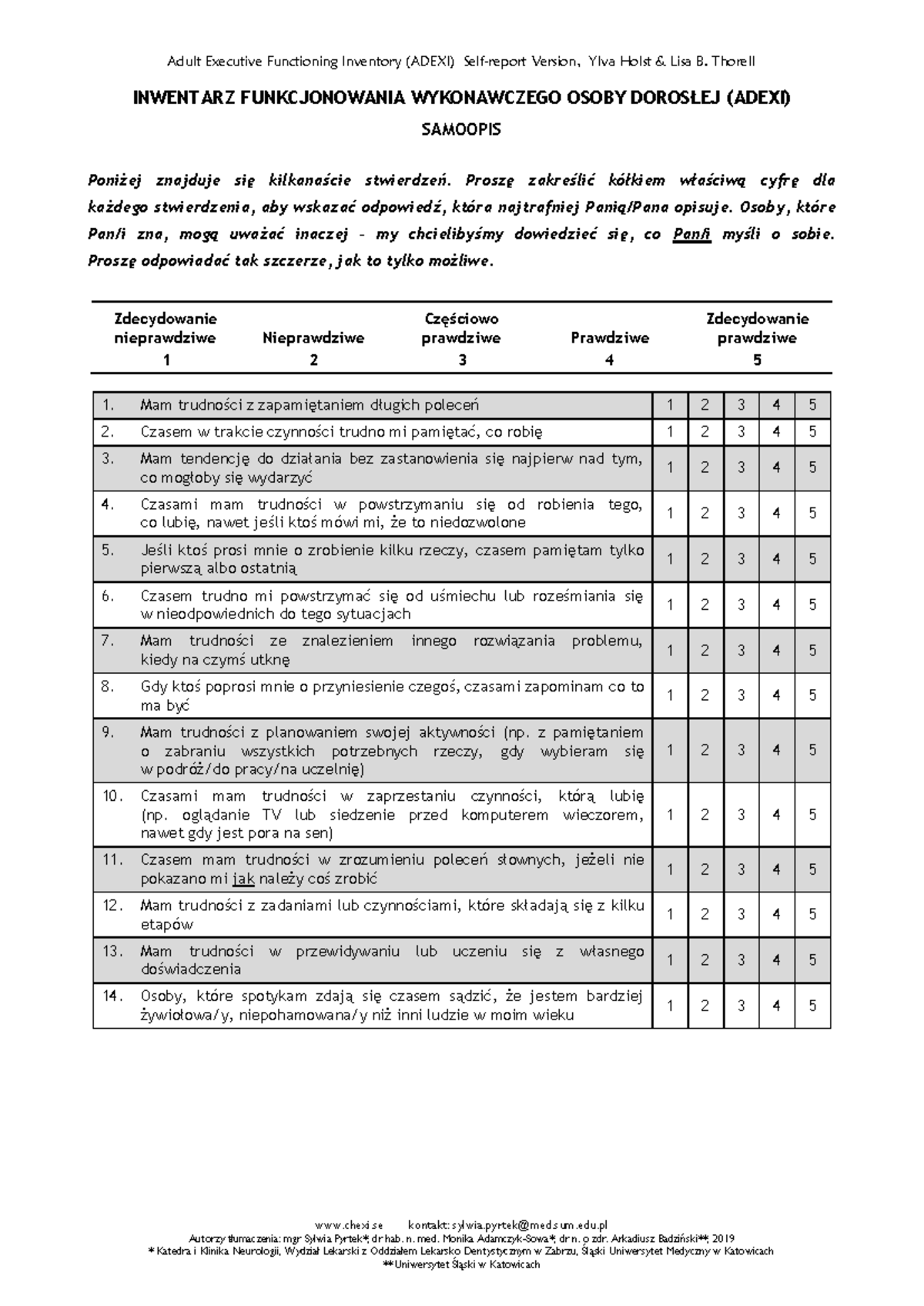 ADEXI Self-Assessment Inventory for Adult Executive Functioning - Studocu
