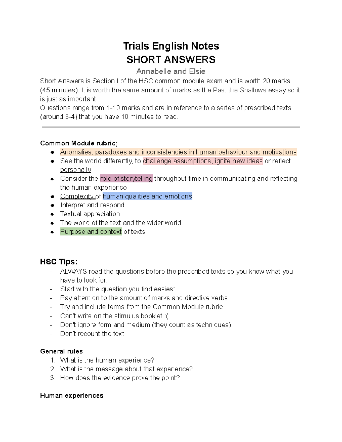 HSC English Common Module Short Answer Guide - Studocu