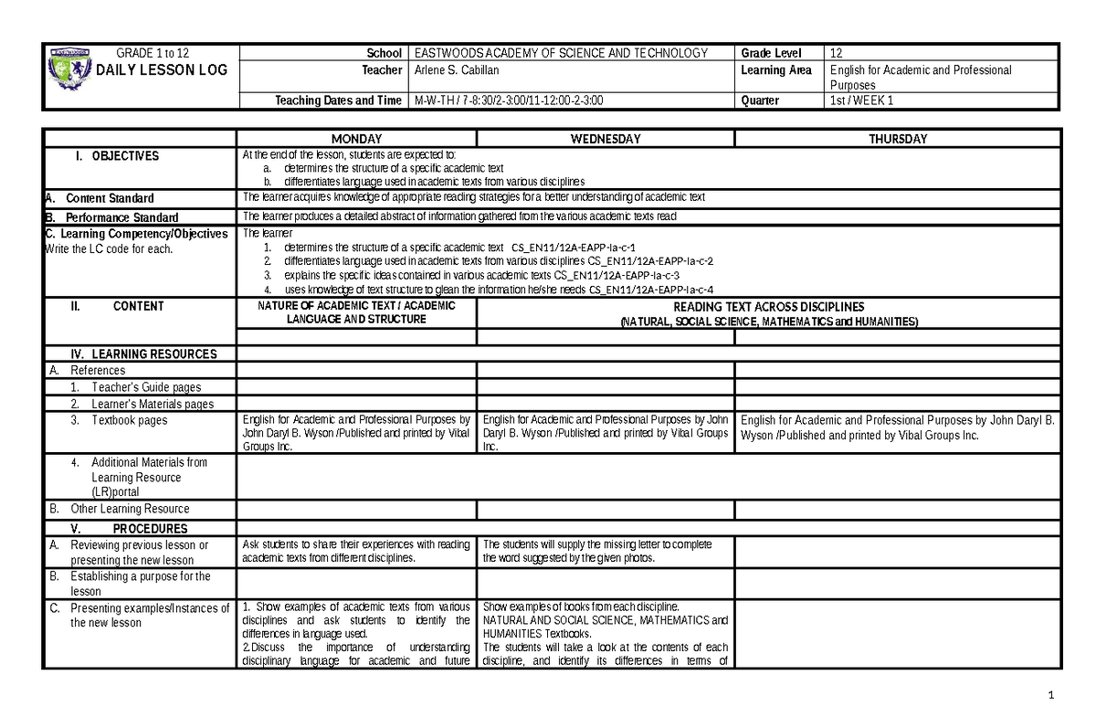 DLL IN EAPP - 1st Week Lesson Plan for English for Academic and ...