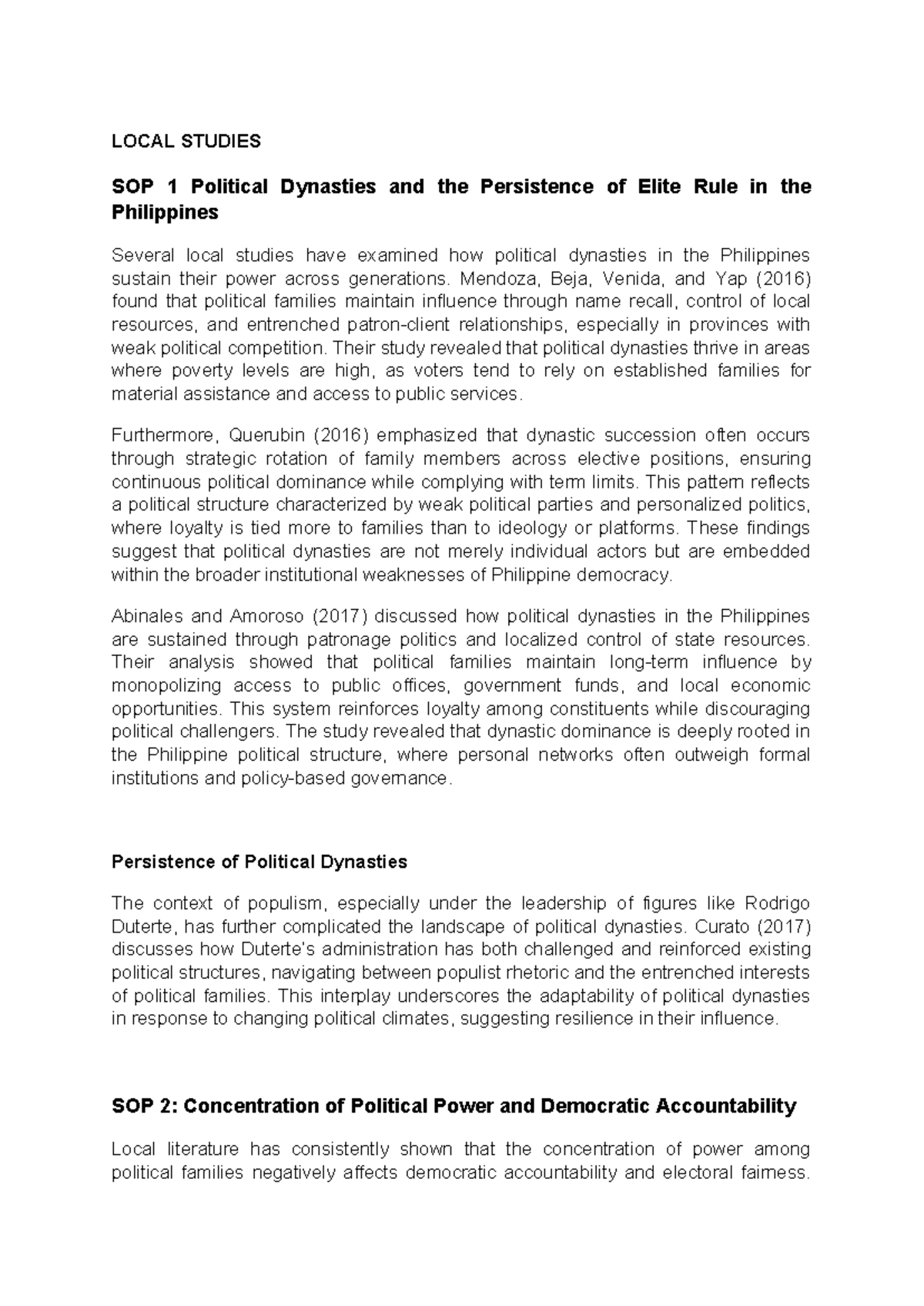 LOCAL STUDIES SOP 1: Political Dynasties and Elite Rule in the ...