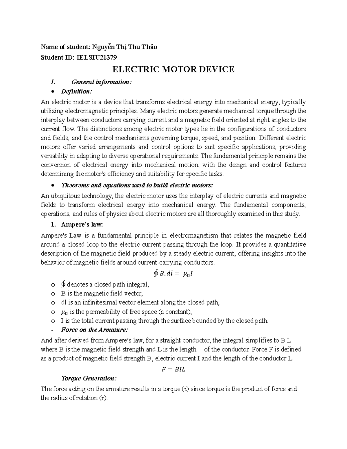 Physics 3 Final Report: Understanding Electric Motor Devices - Studocu
