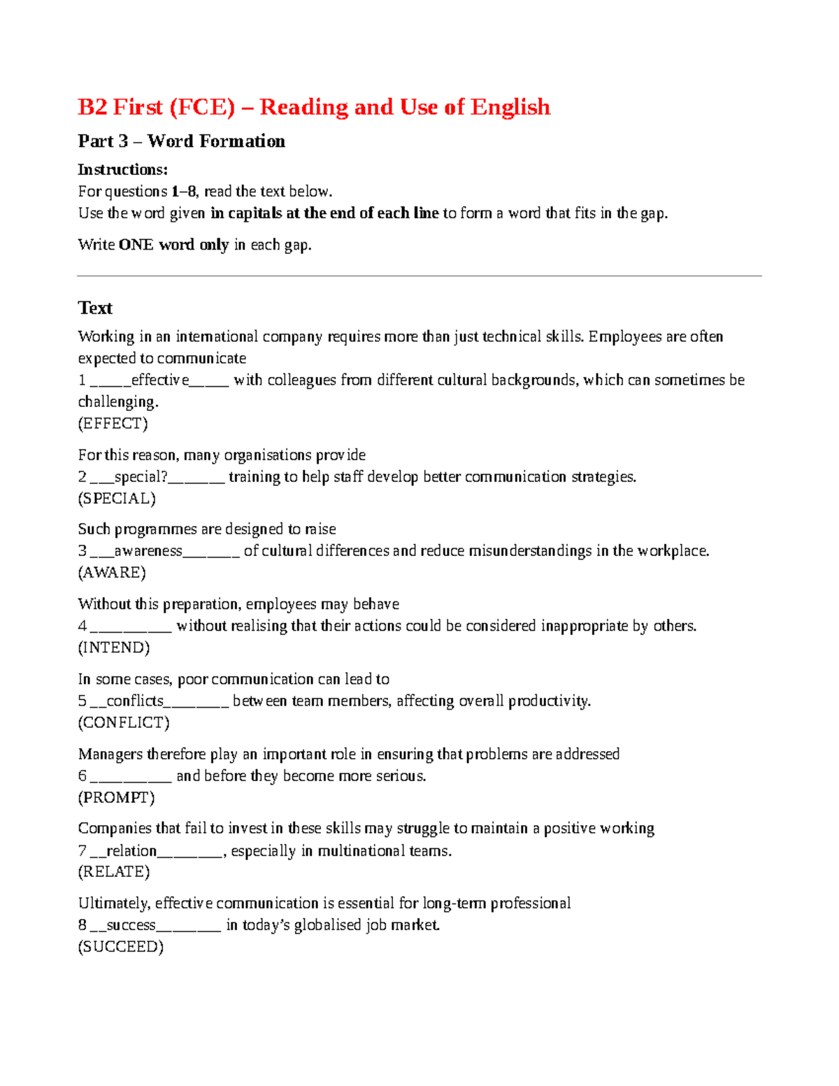 B2 First (FCE) Homework 1: Reading & Use of English - Word Formation ...