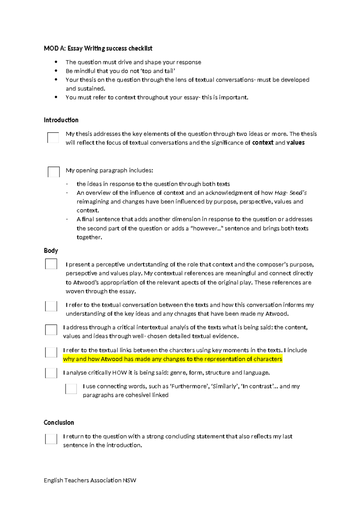 MOD A: Essay Writing Success Checklist for Textual Analysis - Studocu