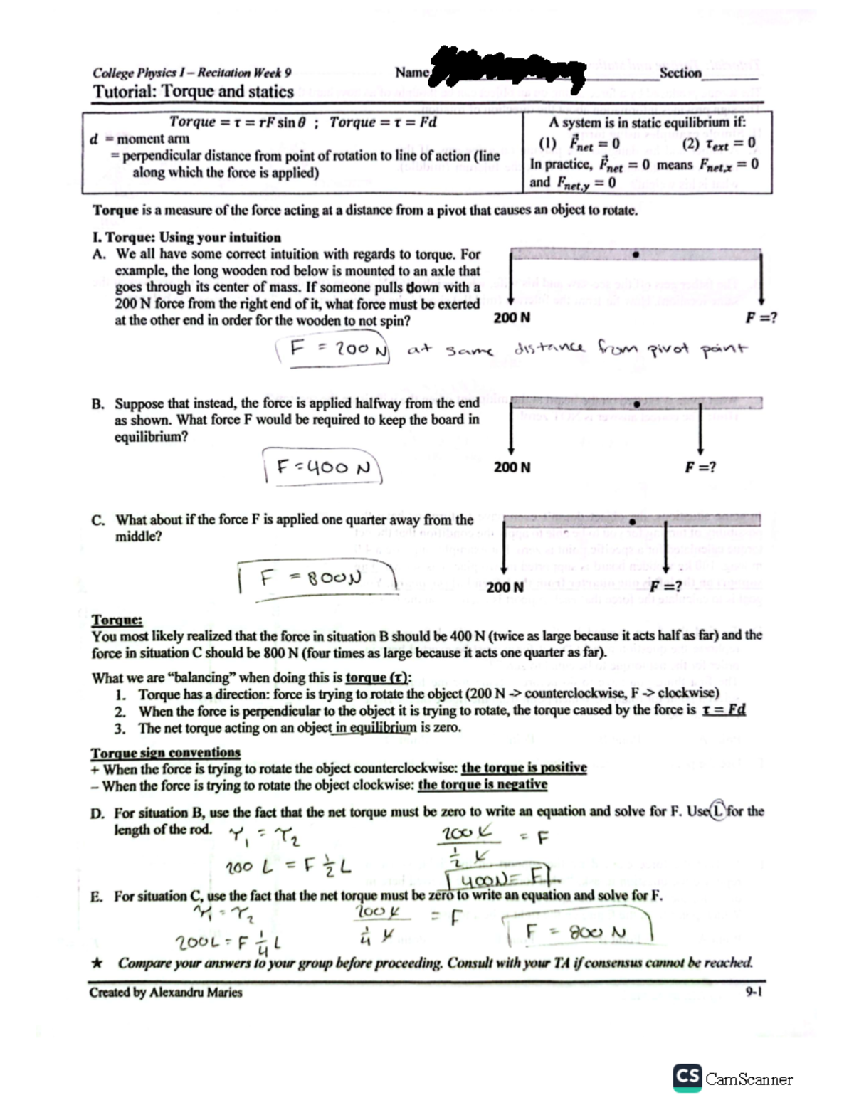PRW9 - Torque and statics week 9 - College Physics I Recitation Week 9 ...