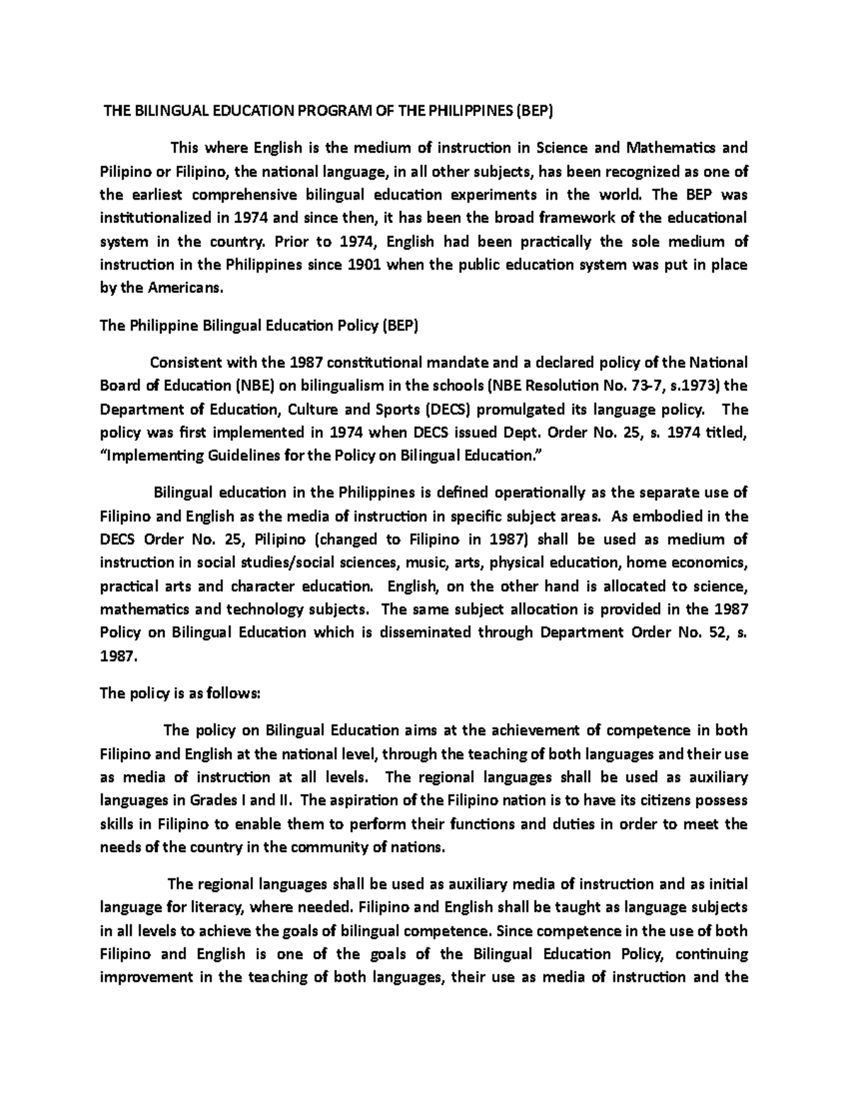 Bilingual Education Policy in the Philippines (BEP) Overview and Goals ...