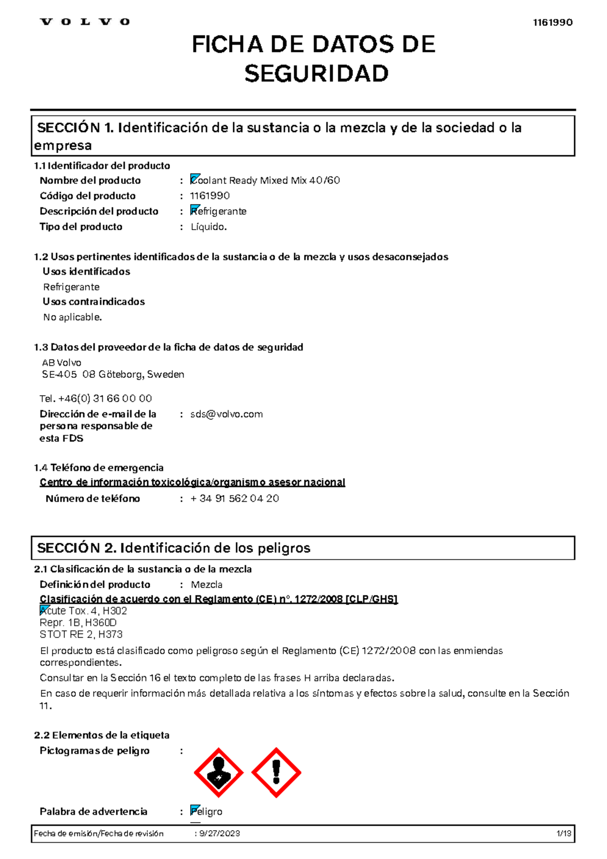 1161990 - Ficha de Datos de Seguridad del Refrigerante Coolant Mix ...