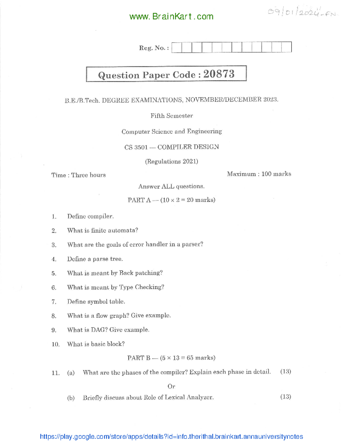 Compiler Design - CS3501 2023 Nov Dec Question Paper - Studocu