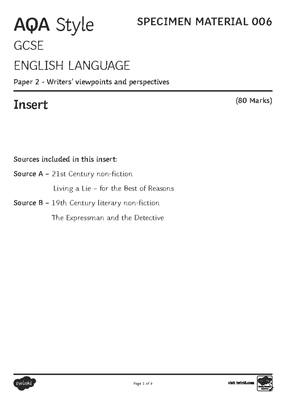 AQA GCSE English Language Paper 2 Specimen Exam Insert 006 - Studocu