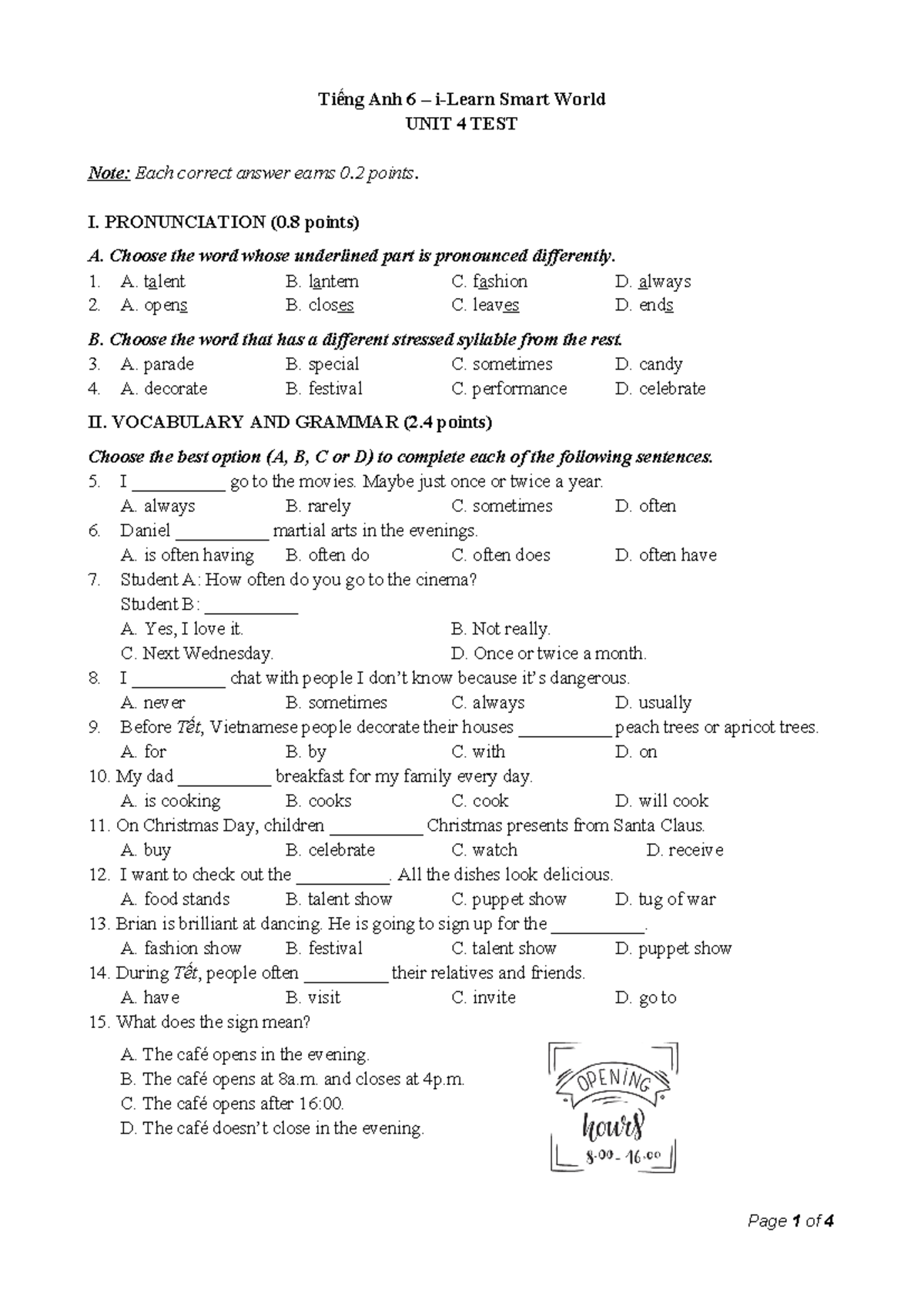 Unit 4 Test - Tiếng Anh 6 i-Learn Smart World - Studocu