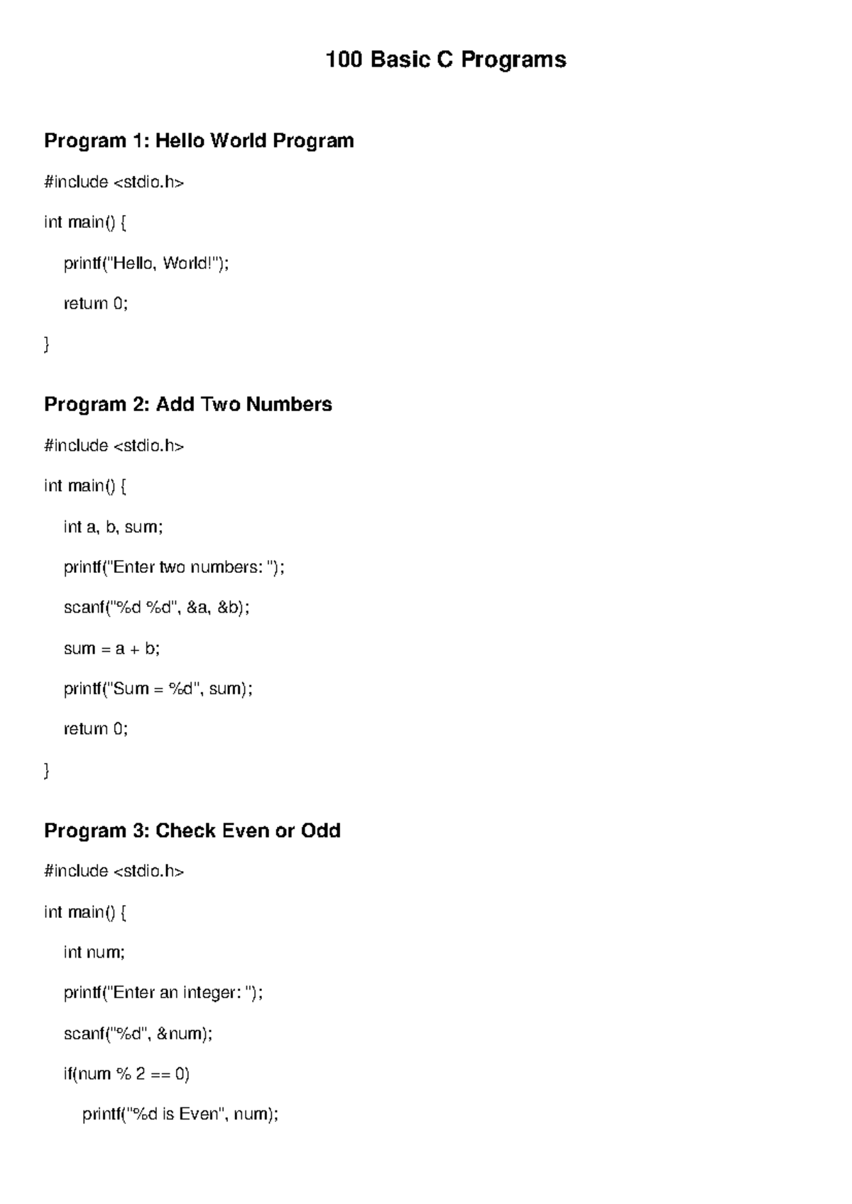 100 Unique Basic C Programs - 100 Basic C Programs Program 1: Hello ...