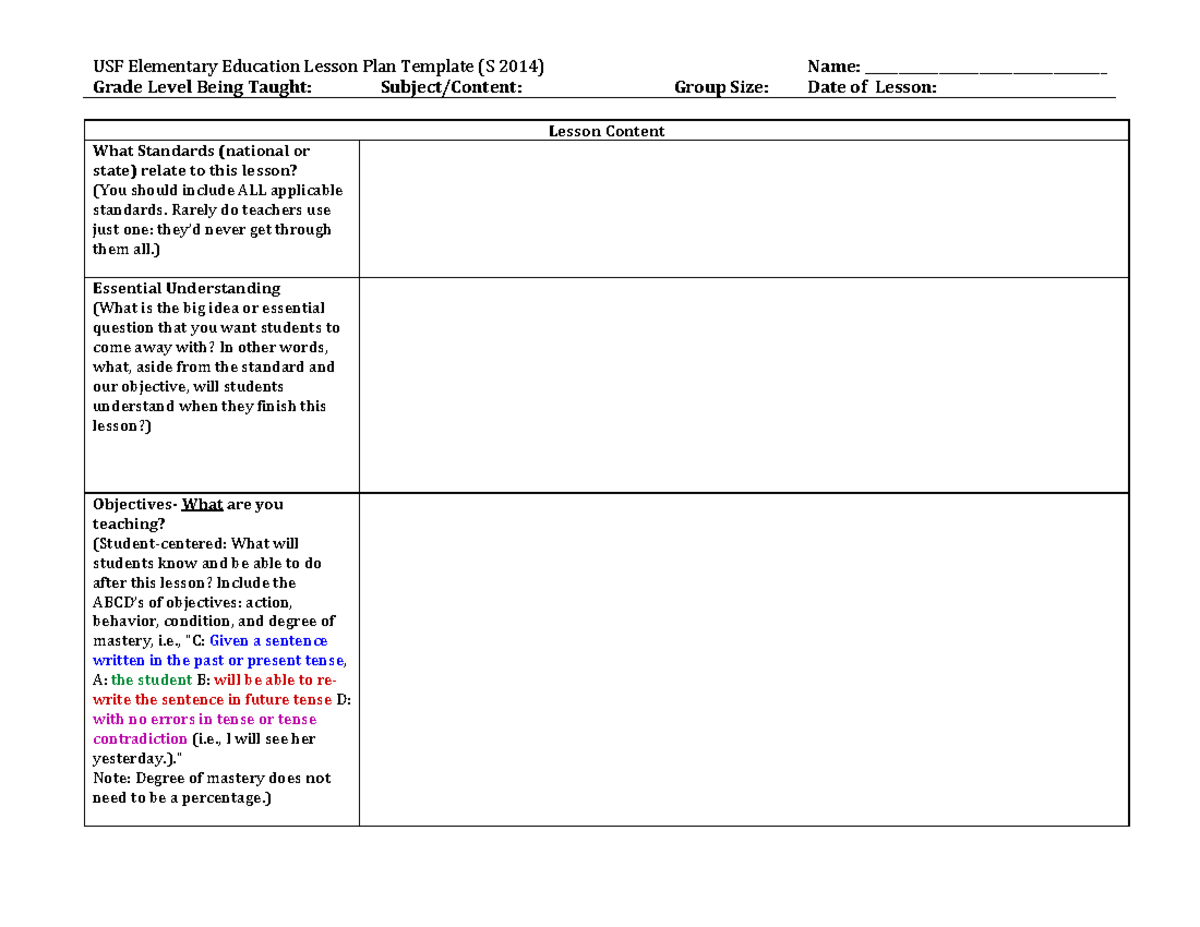 USF Elementary Education Lesson Plan Template (S 2014) - Studocu