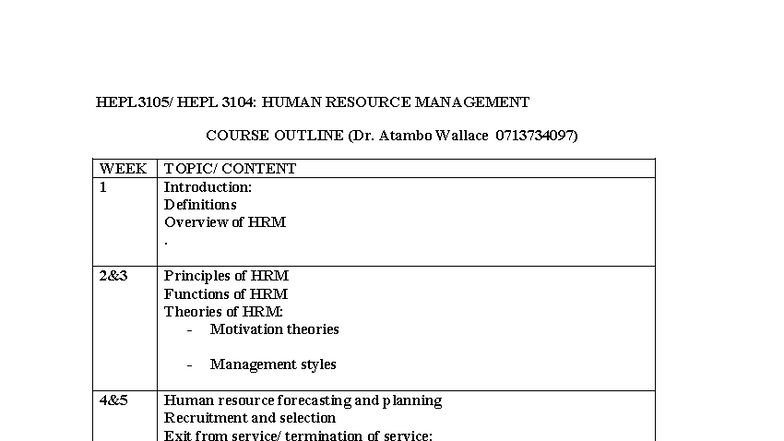 HEPL 3104: Human Resource Management Course Outline & Week 1 Content ...