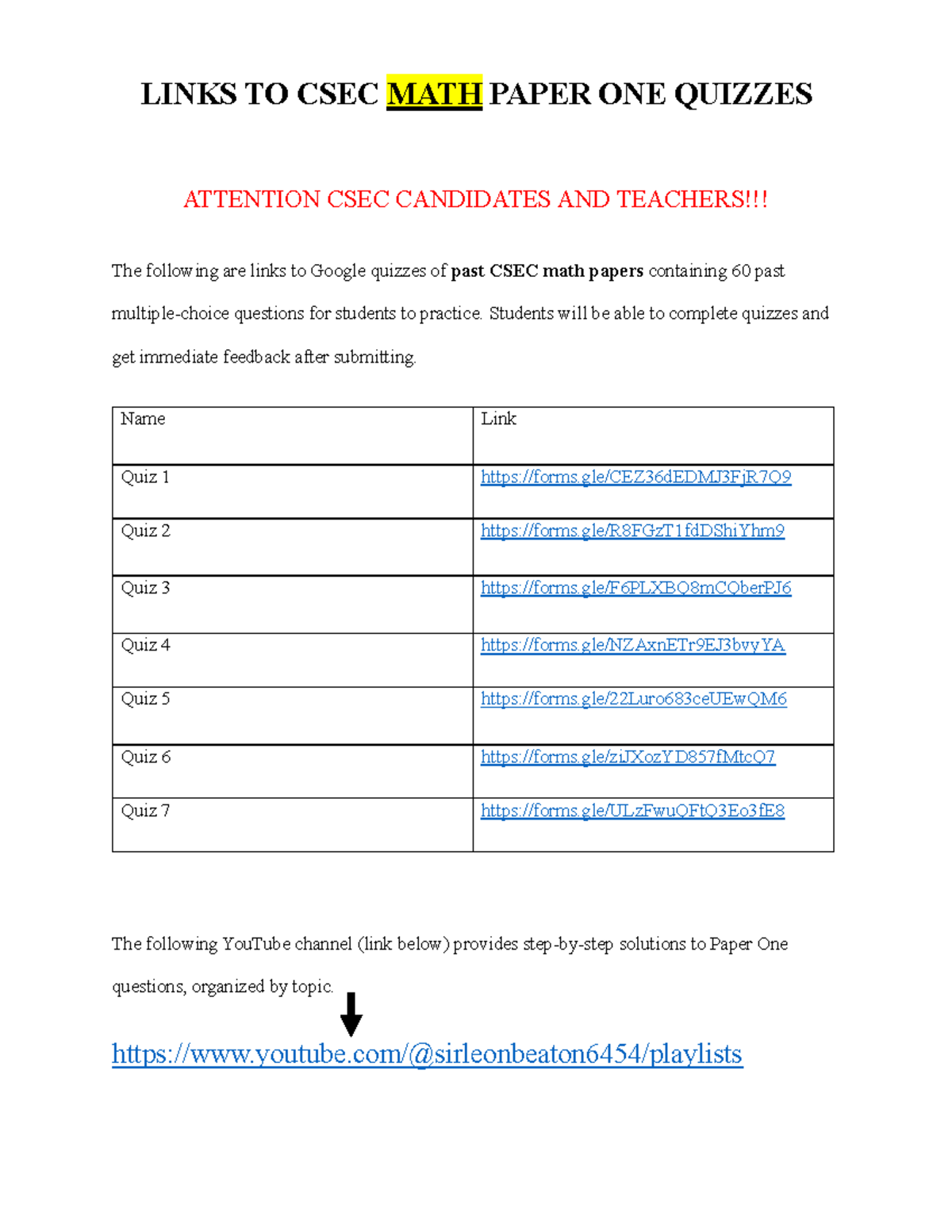 Links TO CSEC MATH Paper ONE Quizzes - LINKS TO CSEC MATH PAPER ONE ...