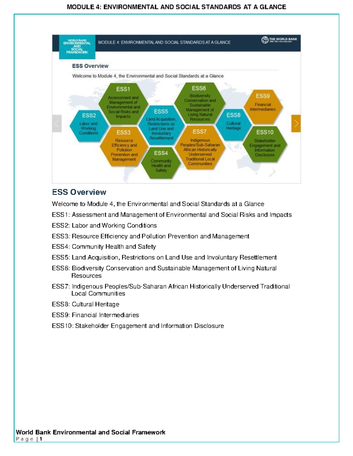Module 4: Overview of Environmental and Social Standards (ESS) - Studocu