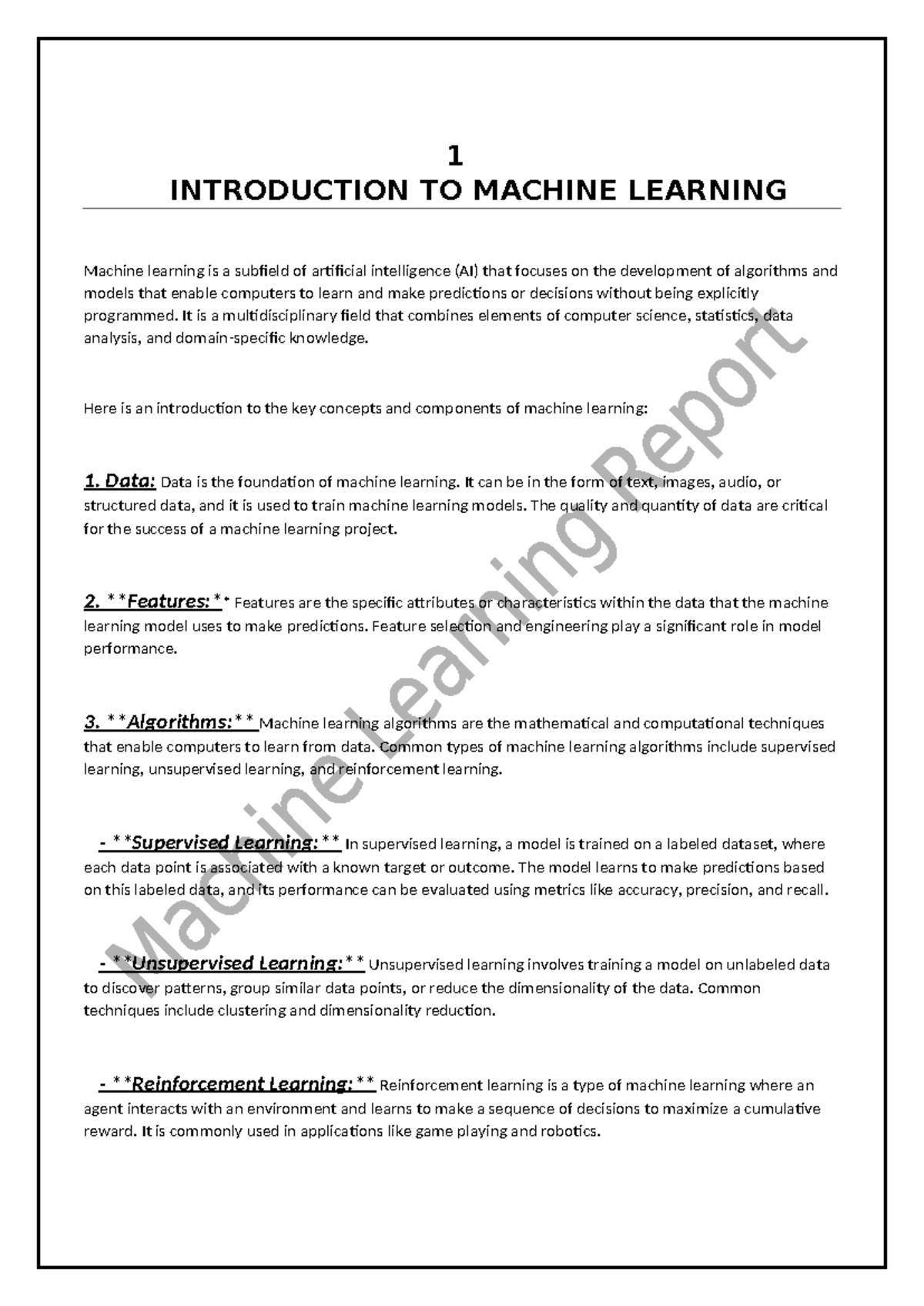 Machine Learning Report - 1 INTRODUCTION TO MACHINE LEARNING Machine ...