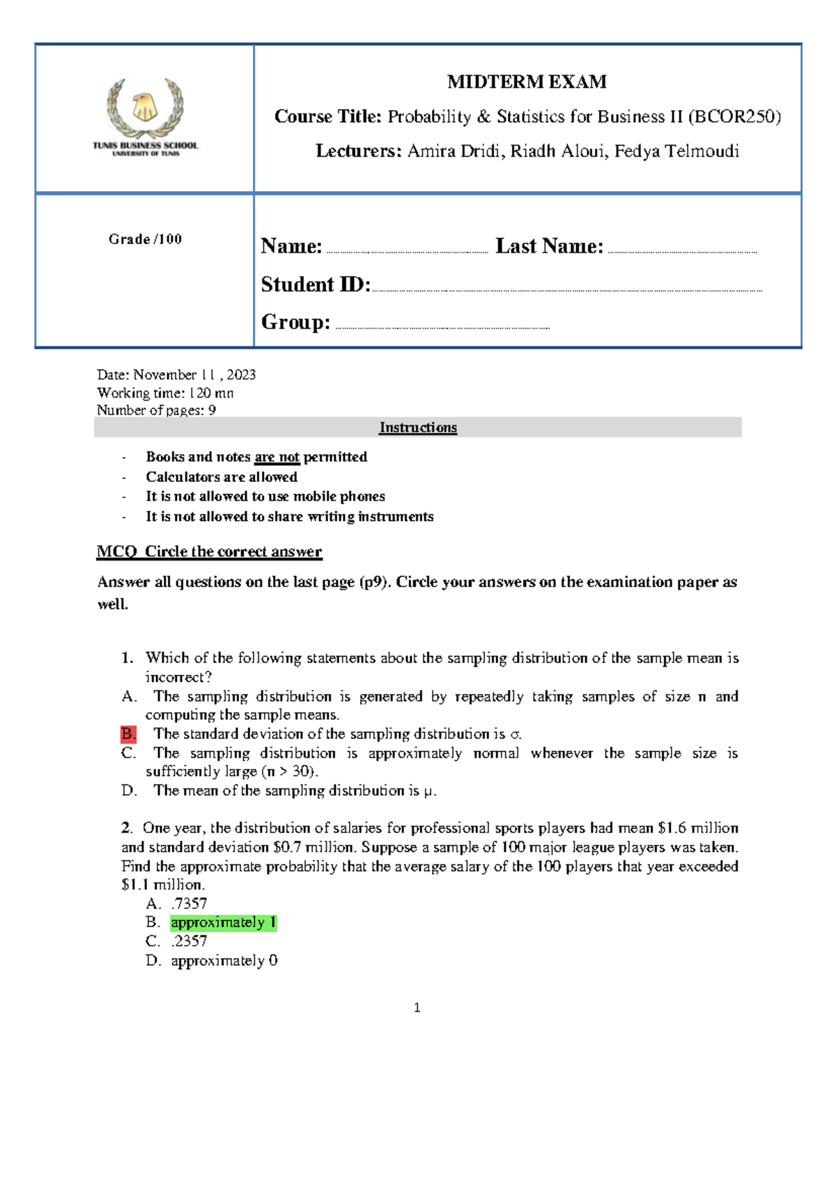 Midterm Exam Answers - Fall 2023 - BCOR 250 - Probability & Statistics ...