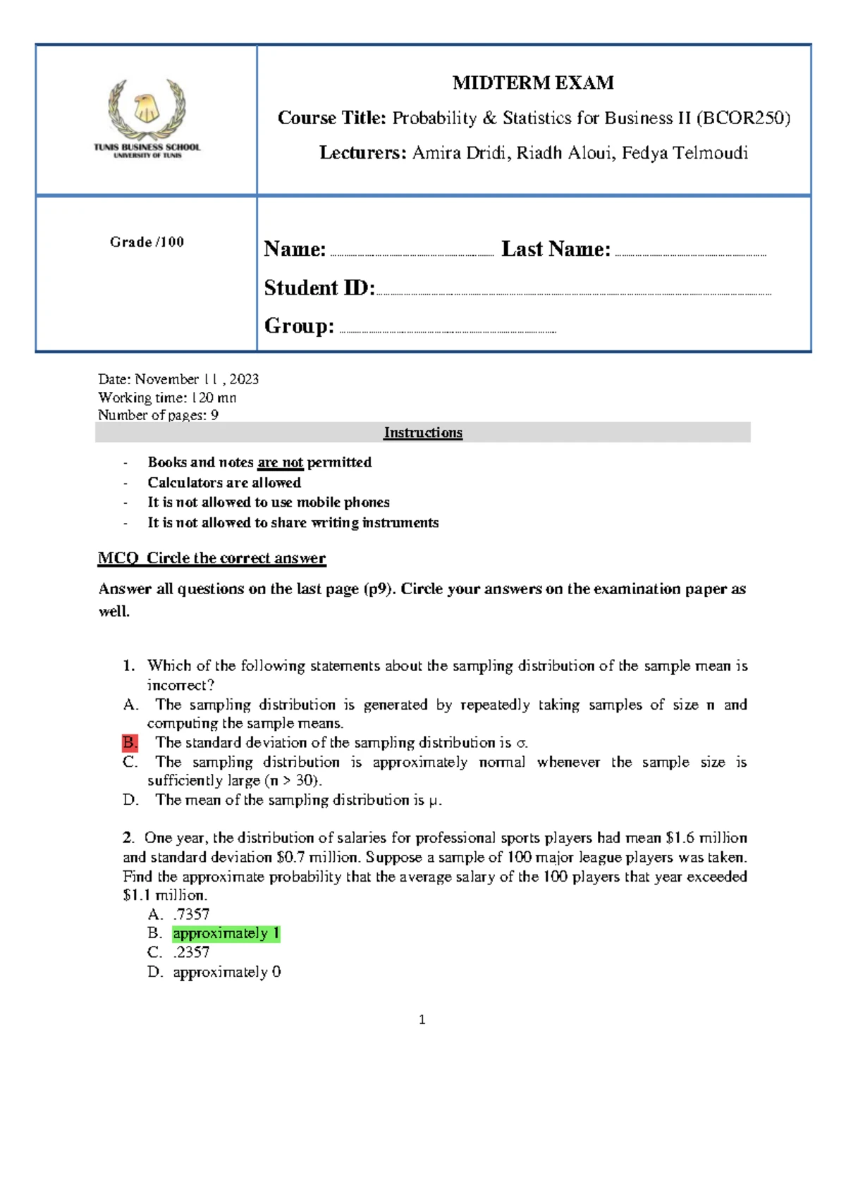 Midterm Exam Review for BCOR250: Probability & Statistics II (Fall 2021 ...