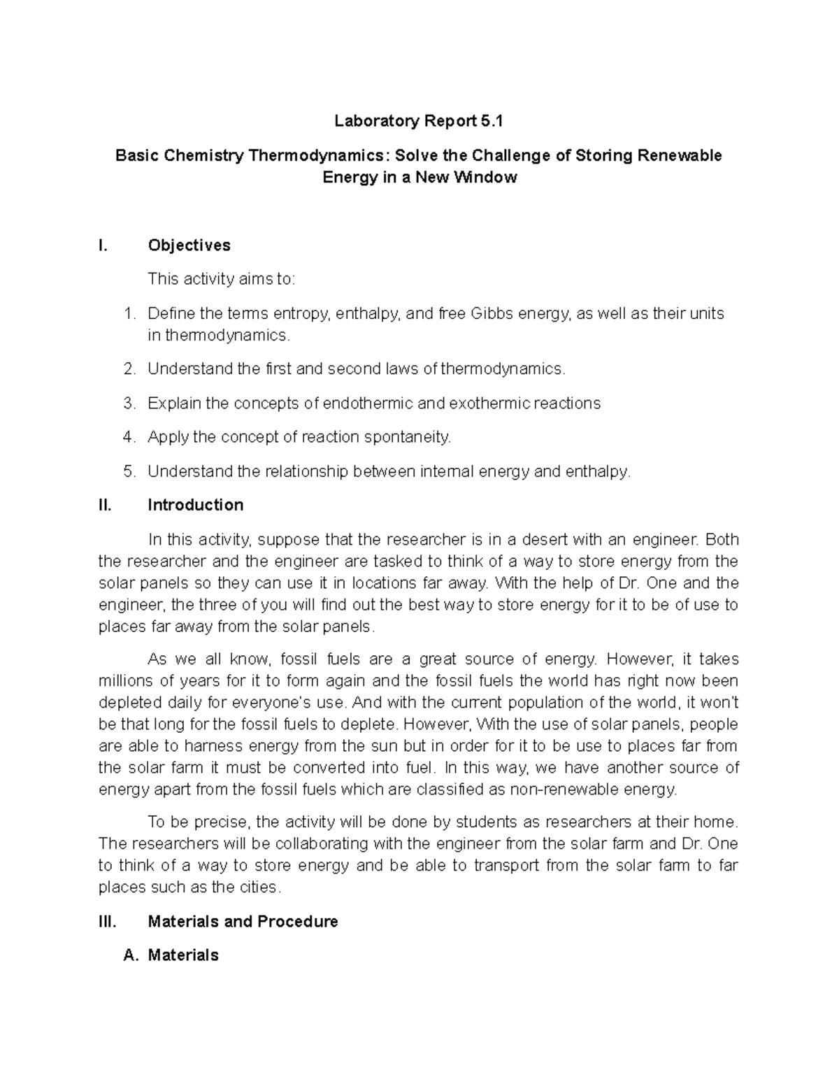 CHM 001 Lab Report 5: Thermodynamics and Renewable Energy Storage - Studocu