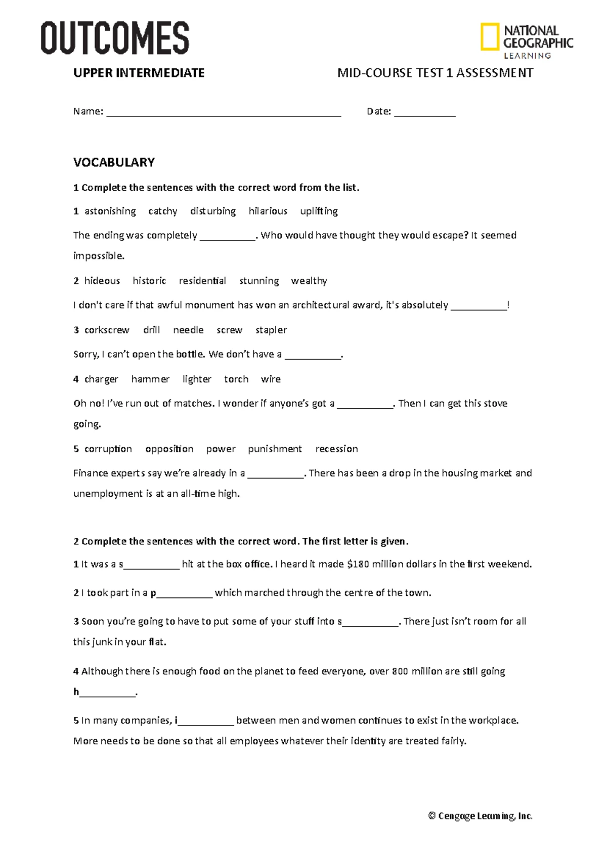 Outcomes Upper Intermediate Unit 1 Test - 214 OUTCOMES © National ...