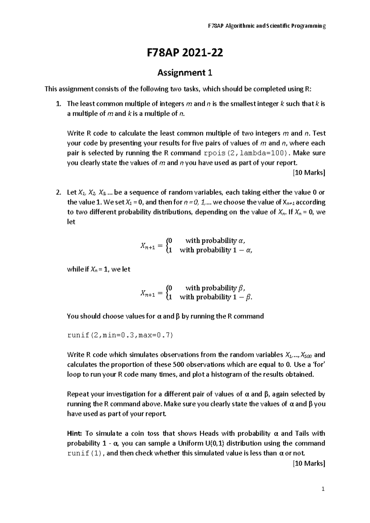 F78AP Algorithmic and Scientific Programming Assignment 1 Report - Studocu
