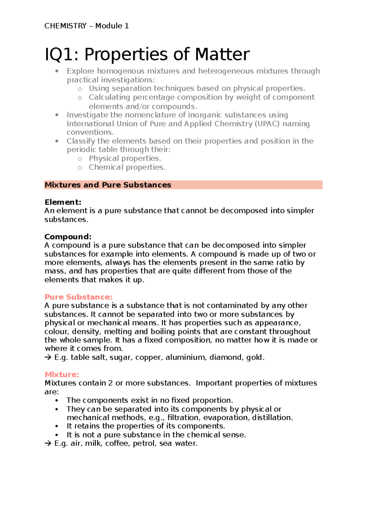 CHEMISTRY Module 1 Final Exam Notes: Properties of Matter and Mixtures ...
